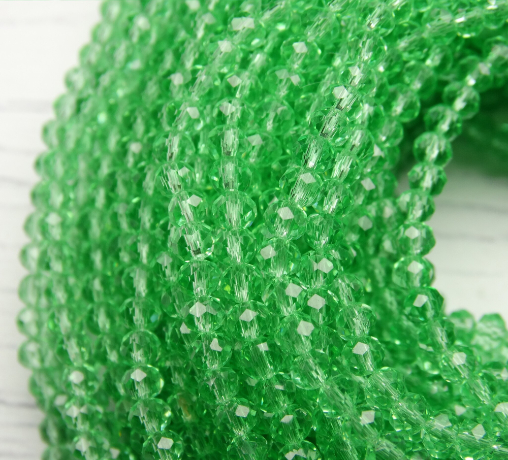 БП020НН23 Хрустальные бусины "рондель", цвет: светло-зеленый прозрачный, 2х3 мм, кол-во: 95-100 шт.