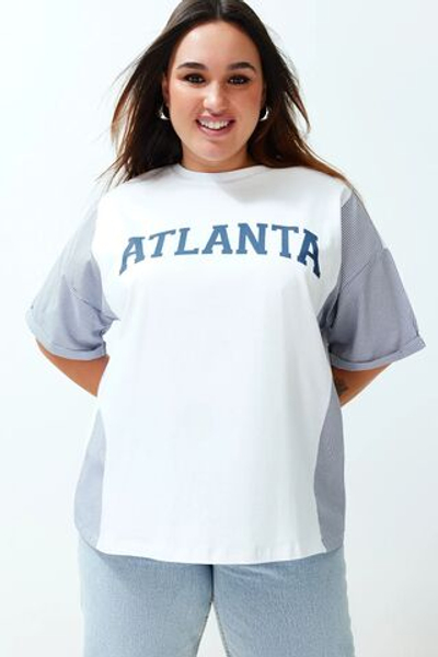 Белая трикотажная футболка из 100% хлопка в полоску с надписью Oversize на рукаве и деталями из поплина TBBSS24BF00017