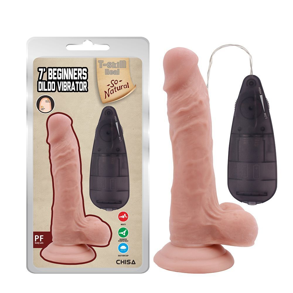 Телесный вибратор с мошонкой на присоске 7 Inch Beginners Dildo Vibrator - 18,6 см. (Цвет: телесный)