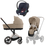 Коляска 3 в 1 Cybex Priam IV Rosegold complete и автокресло Aton B2 i-Size Bay Blue Cozy Beige