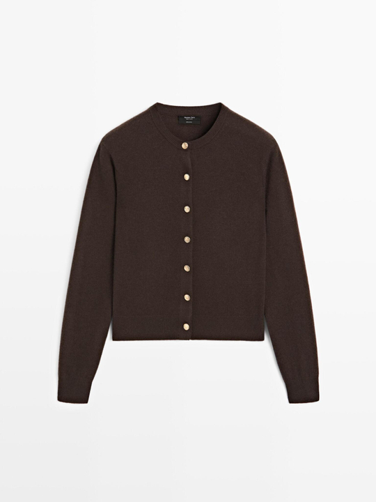Massimo Dutti Кардиган из 100% шерсти с золотистыми пуговицами, коричневый