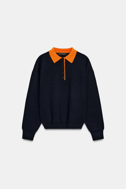 ZARA ВЯЗАНЫЙ ДЖЕМПЕР ПОЛО С КОНТРАСТНЫМ ВОРОТНИКОМ, СИНИЙ