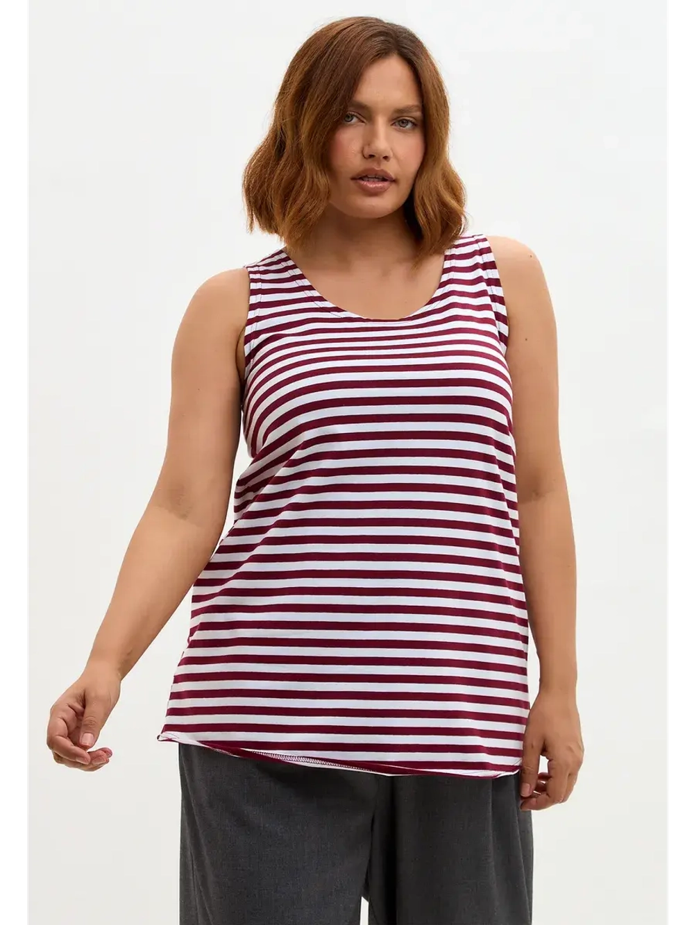 Майка базовая под пиджак удлиненная оверсайз тельняшка/винный