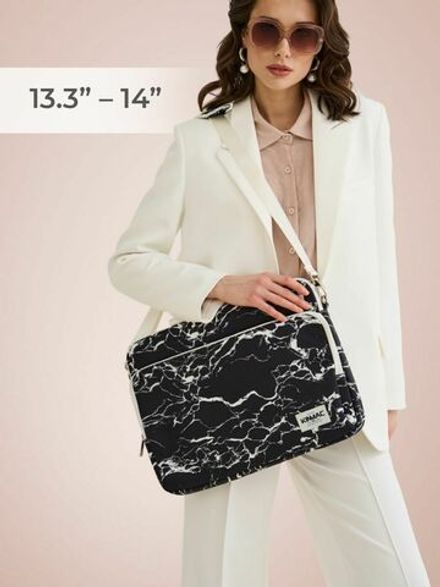 Сумка для ноутбука 13,3" и 14" с ремнем на плечо и большим карманом спереди (Черный мрамор)