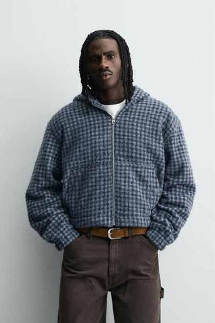 ZARA КУРТКА-РУБАШКА В КЛЕТКУ С ВЫШИВКОЙ И КАПЮШОНОМ, СИНИЙ/ЧЕРНЫЙ