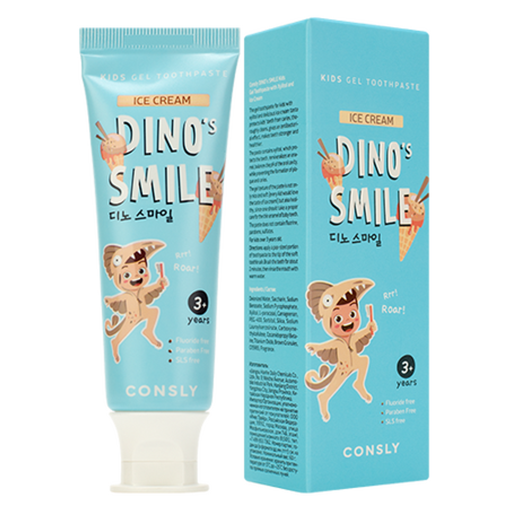 Детская гелевая зубная паста DINO's SMILE c ксилитом и вкусом пломбира, 60г, Consly
