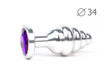 Коническая ребристая серебристая анальная втулка с фиолетовым кристаллом - 8 см. (Цвет: фиолетовый)