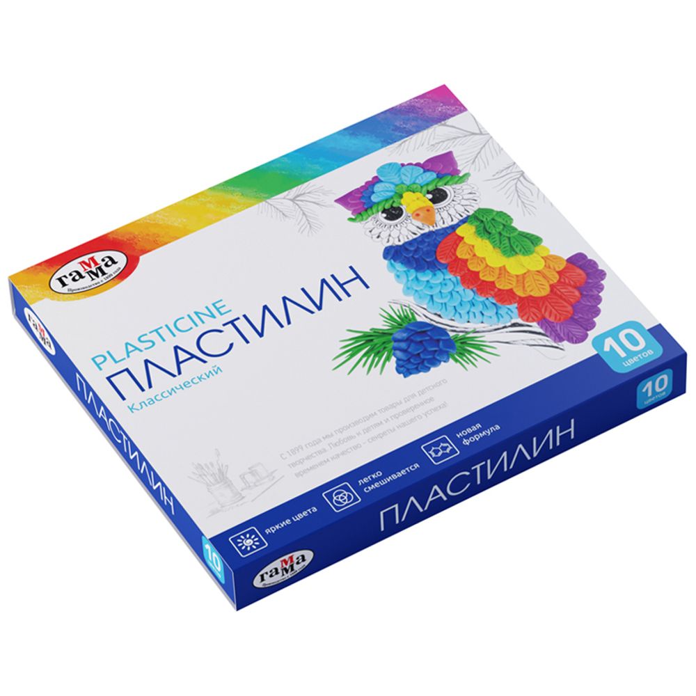 Пластилин 10 цветов Гамма Классический, 200гр, со стеком, картон.упак.