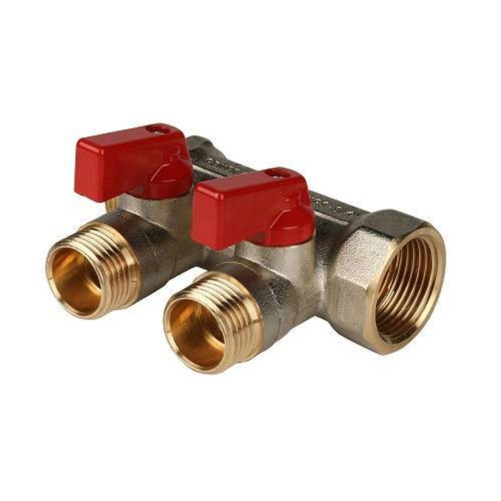 Коллектор запорный проходной STOUT - 3/4&quot; (НР/ВР) на 2 контура 1/2&quot; (НР, ручки красные)