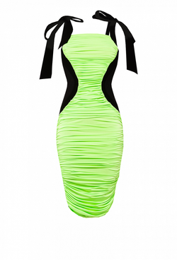 Платье зеленое в сборку с боковыми чёрными рельефами 02-02-21SS