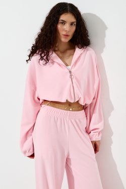 Худи на молнии из велюровой ткани розового цвета