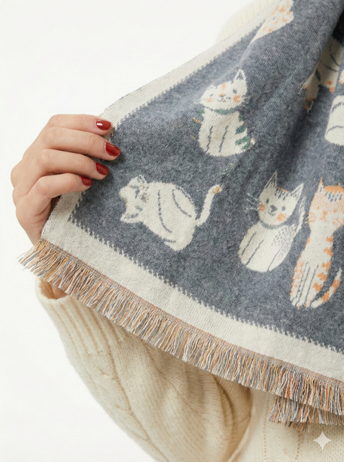 Двусторонний женский шарф с котятами, экокашемир, серый, Китай