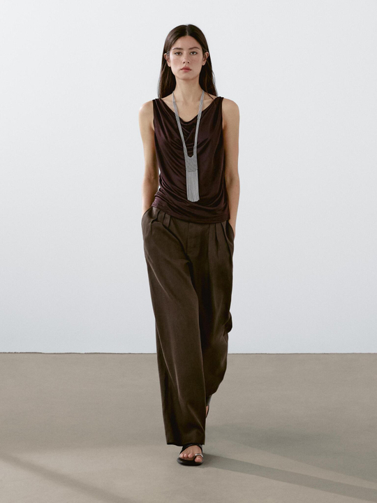 Massimo Dutti Брюки из 100% льна с тремя защипами, шоколадный
