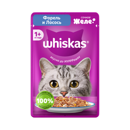 Влажный корм для взрослых кошек Форель и лосось в желе, 75г Whiskas
