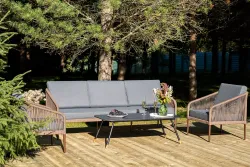 "Канны" лаунж-зона 5-местная из роупа со столом "Верона" (серый гранит), каркас алюминиевый коричневый, роуп коричневый