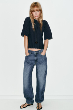 ZARA ТОП В РУБЧИК С ОБЪЕМНЫМИ РУКАВАМИ, МОРСКОЙ СИНИЙ