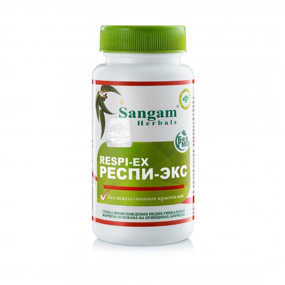 БАД Sangam Herbals Respi-Ex Респи-Экс (750 мг) 60 таб альбиция леббек (Albizia lebbeck), вороночник рожковидный (Craterellus cornucopioides ), адатода сосудистая (Justica adhatoda), солодка голая (Glycyrrhiza glabra), имбирь лекарственный (Zingiber officinale), мирика восконосная (Myrica cerifera)