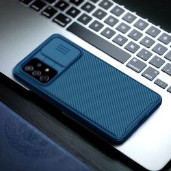 Усиленный чехол синего цвета для Samsung Galaxy A72 (4G и 5G) с 2021 года от Nillkin с защитной шторкой камеры, серии CamShield Pro Case