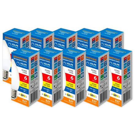 LED-C37-6W-3000K-E27-FR-DIM-SLS Набор из 10штук Лампа светодиодная. диммируемая. Форма свеча. матовая. Серия Optima DIM. Теплый белый свет 3000K. ТМ Volpe