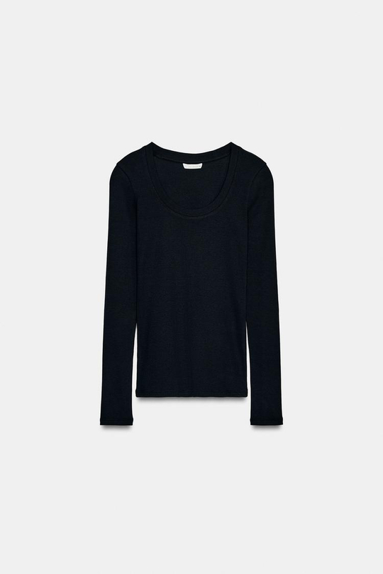 ZARA ФУТБОЛКА В РУБЧИК С ДЛИННЫМИ РУКАВАМИ, УГОЛЬНЫЙ