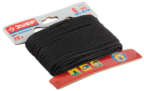 Шнур ЗУБР полиамидный, плетеный, повышенной нагрузки, без сердечника, черный, d 6, 20м