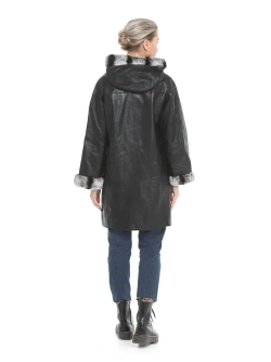 Женское пальто из натуральной кожи  с капюшоном двустороннее