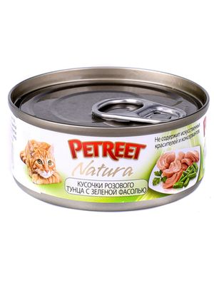 Консервы для кошек кусочки розового тунца с зеленой фасолью 70 г, Petreet