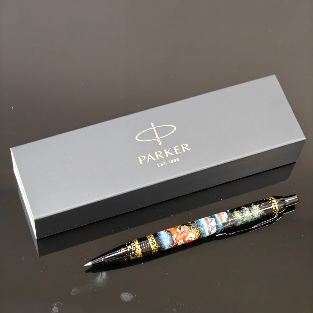 Ручка шариковая Parker "Сказочная тройка" на черном с ручной росписью Палех в коробке