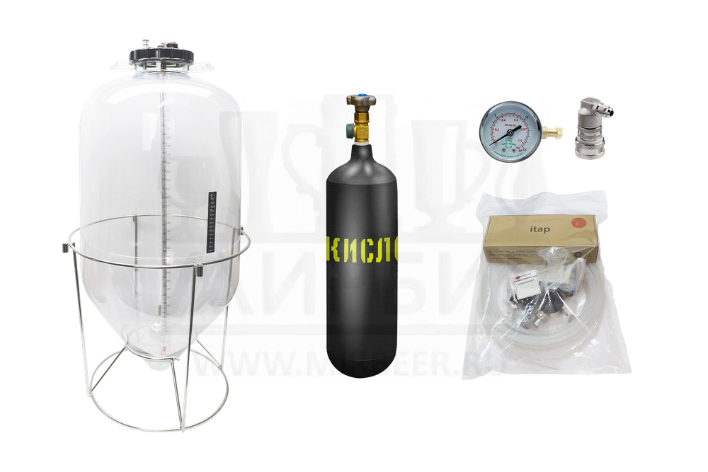 Комплект: ЦКТ Fermenter King Snub Nose, пластик, 60 л + манометр + фитинг газовый с резьбой + Комплект для карбонизации в корнелиус кеге + баллон углекислотный 5 л