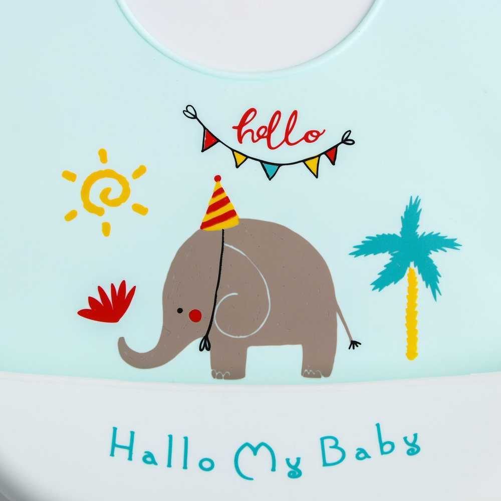 5385569 Нагрудник силиконовый, на кнопках, с карманом «Слон», цвет мятный/белый