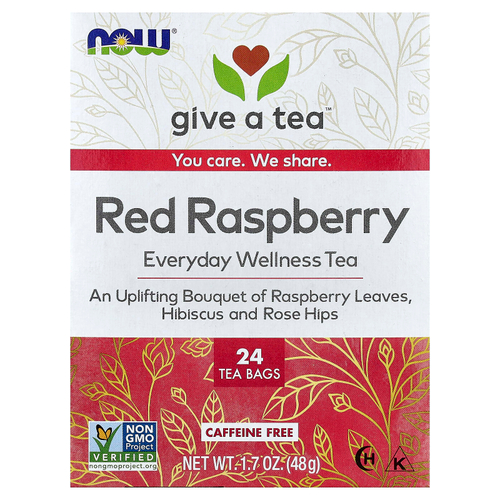 NOW Foods, чай с красной малиной, без кофеина, 24 чайных пакетика, 48 г (1,7 унции)