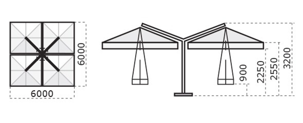 Зонт профессиональный четырехкупольный 6х6 м Scolaro Wood Poker, имитация ироко, слоновая кость