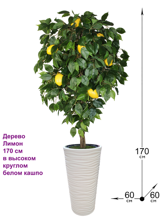 Искусственное дерево Лимон 170 см в высоком круглом белом кашпо