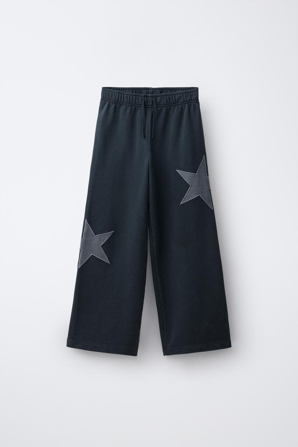 ZARA БРЮКИ ИЗ МЯГКОЙ ТКАНИ WIDE LEG С ЭФФЕКТОМ ПОТЕРТОСТИ И ЗВЕЗДАМИ, АНТРАЦИТОВО-СЕРЫЙ