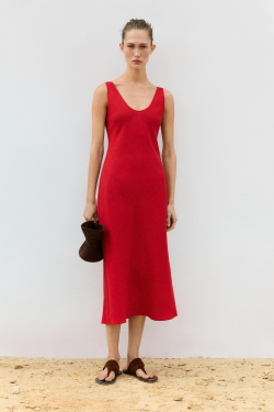 Massimo Dutti Льняное платье миди на бретелях, красный