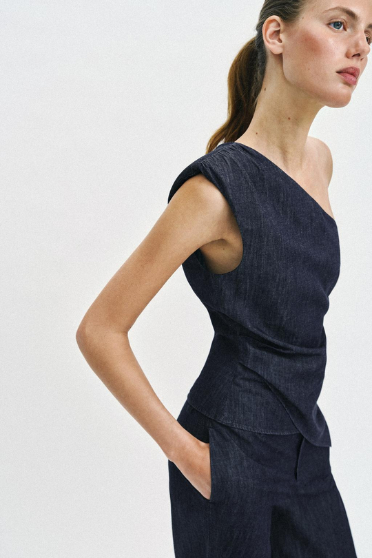 ZARA АСИММЕТРИЧНЫЙ ТОП С ПОГОНАМИ, ИНДИГО