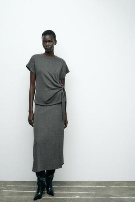 ZARA МЯГКАЯ ЮБКА МИДИ, СЕРЫЙ С МЕЛАНЖЕВЫМ ЭФФЕКТОМ