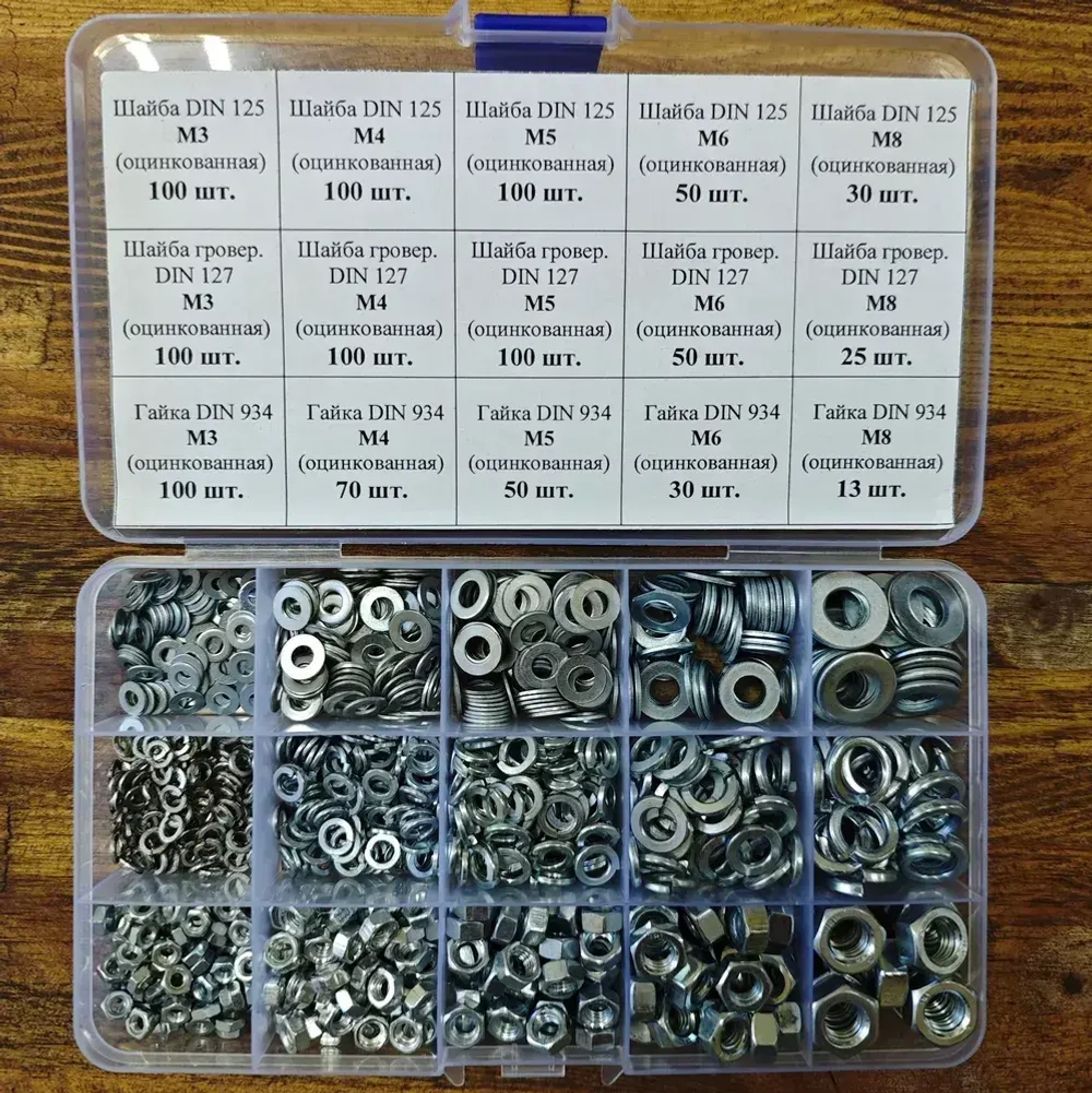 Набор гаек и шайб №1 (Din 934, Din 127, Din 125) М3, М4, М5, М6, М8.