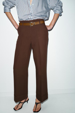 ZARA БРЮКИ С ОТВОРОТАМИ И РЕМНЕМ, КОРИЧНЕВЫЙ