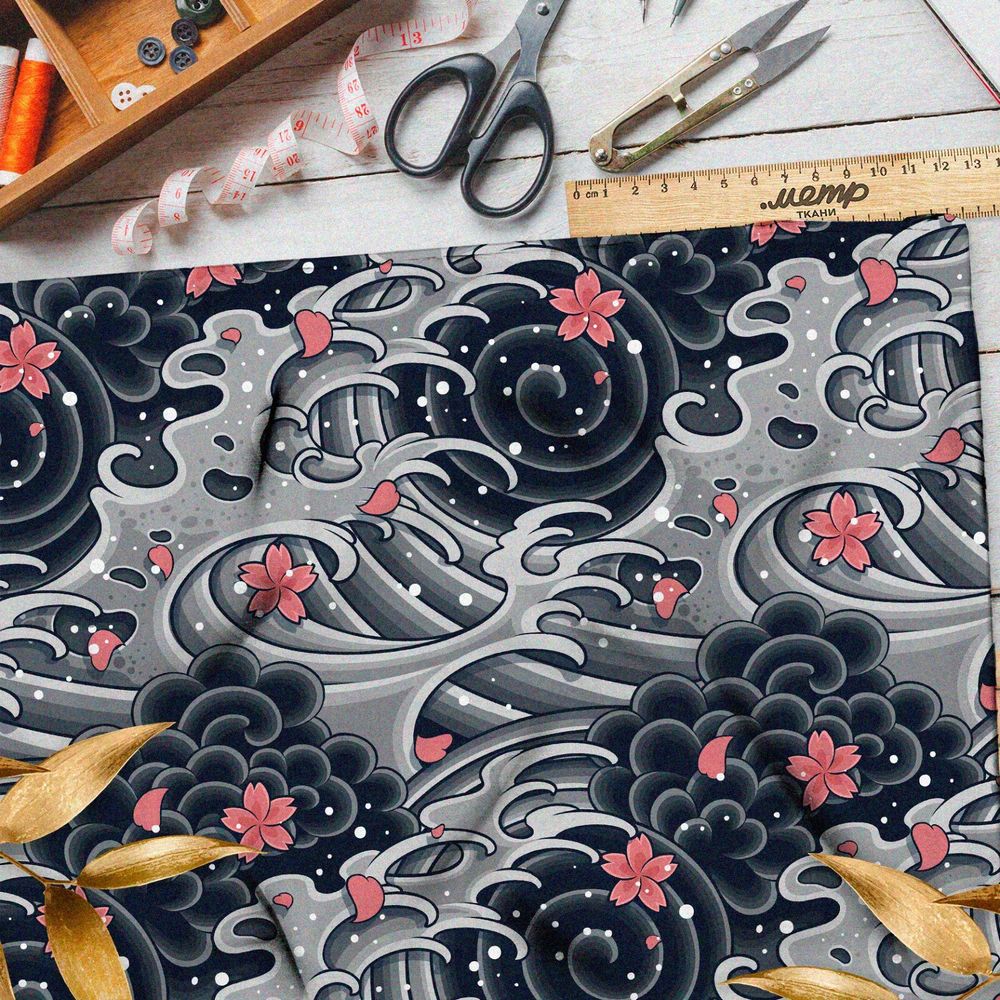 Ткань атлас мрачное море и сакура