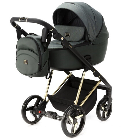 Детская коляска Adamex Blanc Special Edition 3 в 1 BL-PS788 (ЗЕЛЕН.В БЛЕСТКУ+Т.ЗЕЛЕН. КОЖА+ЗОЛОТО РАМА)
