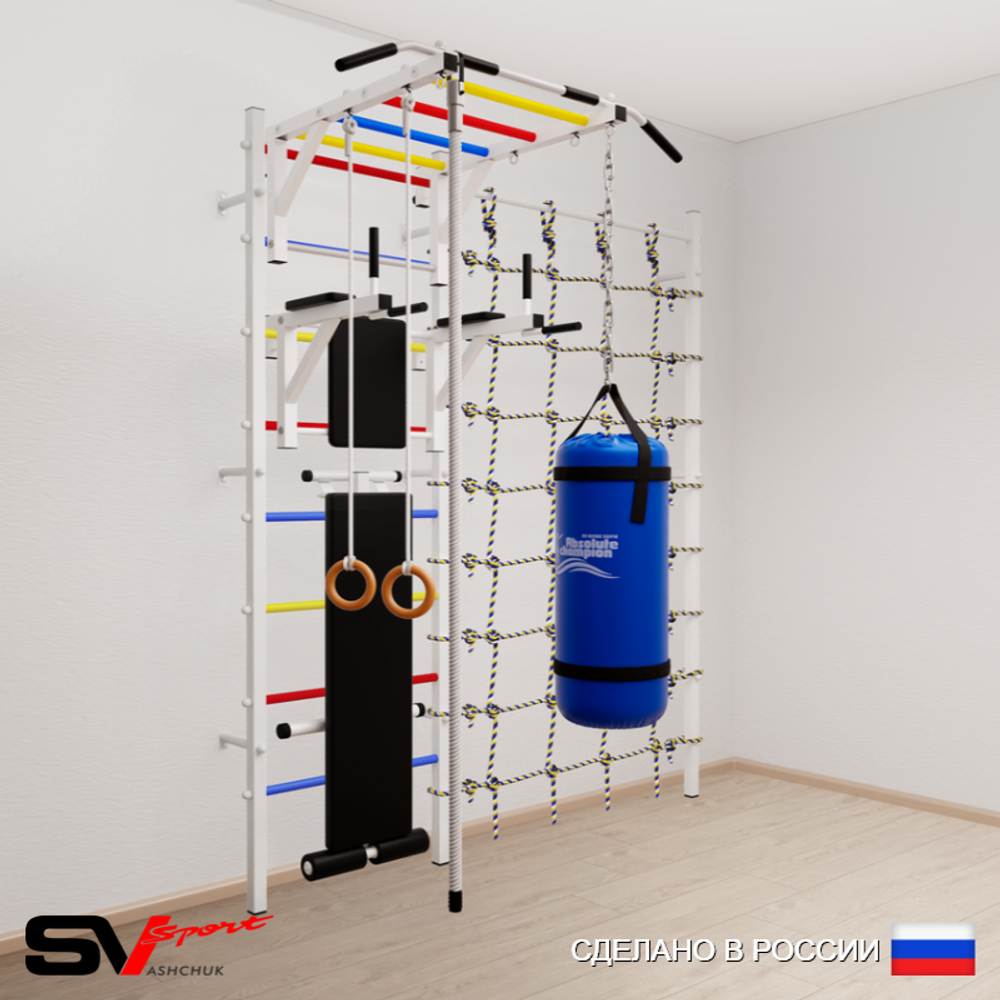 Шведская стенка Sv Sport 55410 (Турник рукоход/Брусья/Скамья/Канат/Кольца/Цепь/Мешок 15кг/Канатный лаз)