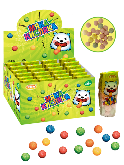 Кисло-сладкие жевательные конфеты «МЯКА КИСЛЯКА» с фруктовым вкусом ZVN ТМ.15г* 24шт*12бл