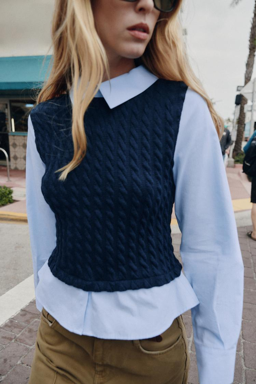 ZARA КОМБИНИРОВАННАЯ РУБАШКА ИЗ ПОПЛИНА, МОРСКОЙ СИНИЙ