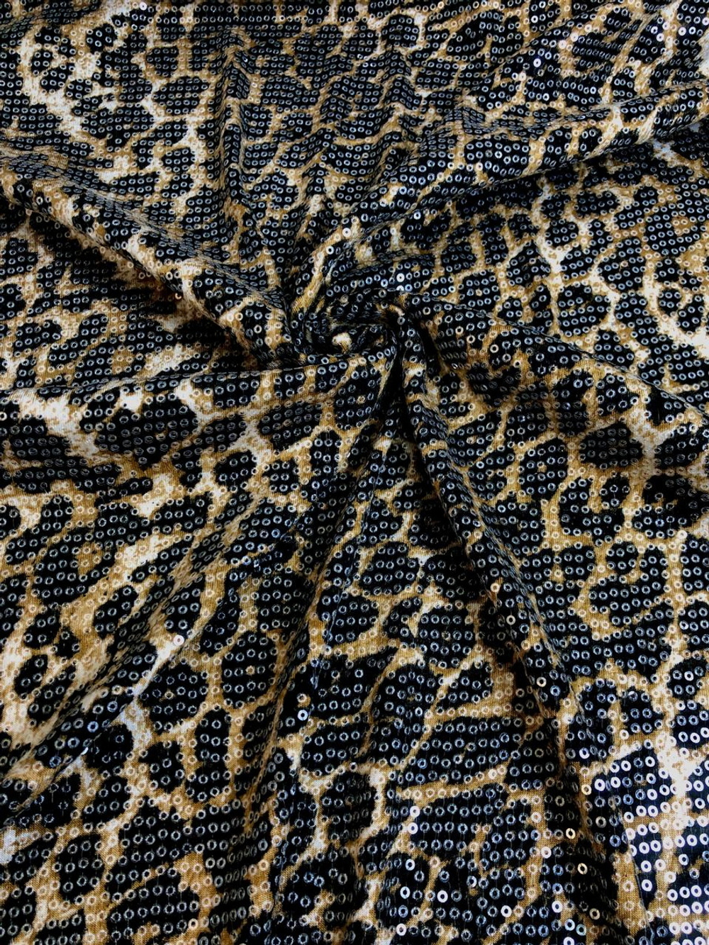 Трикотаж принт леопард, беж/коричневый, паетка прозрачн VT#18