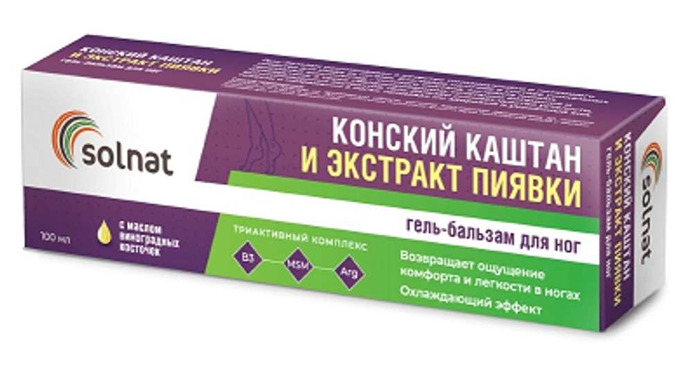 Конский каштан и экстракт пиявки гель-бальзам для ног Solnat 100мл.