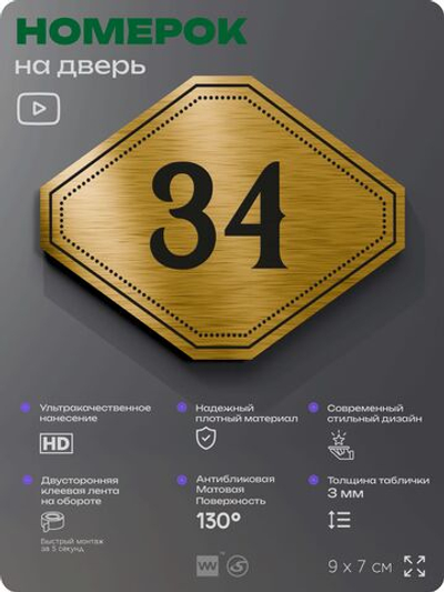 Номерок на дверь квартиры 34, для кабинета, офиса, шильдик 9 х 7 см, золотистый, Айдентика Технолоджи