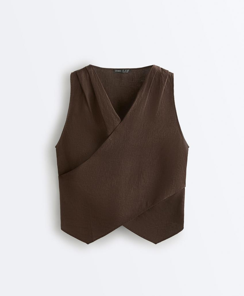 Oysho Top на запах из 100%-го льна, темно-коричневый