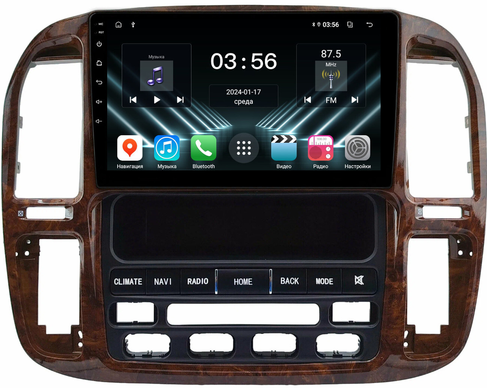 Магнитола для Toyota Land Cruiser 100, Lexus LX470 1998-2002 (климат на ШГУ, рамка дерево) - FarCar DX9-9608F4 монитор 9" IPS на Android 13, 4+64Гб, CarPlay