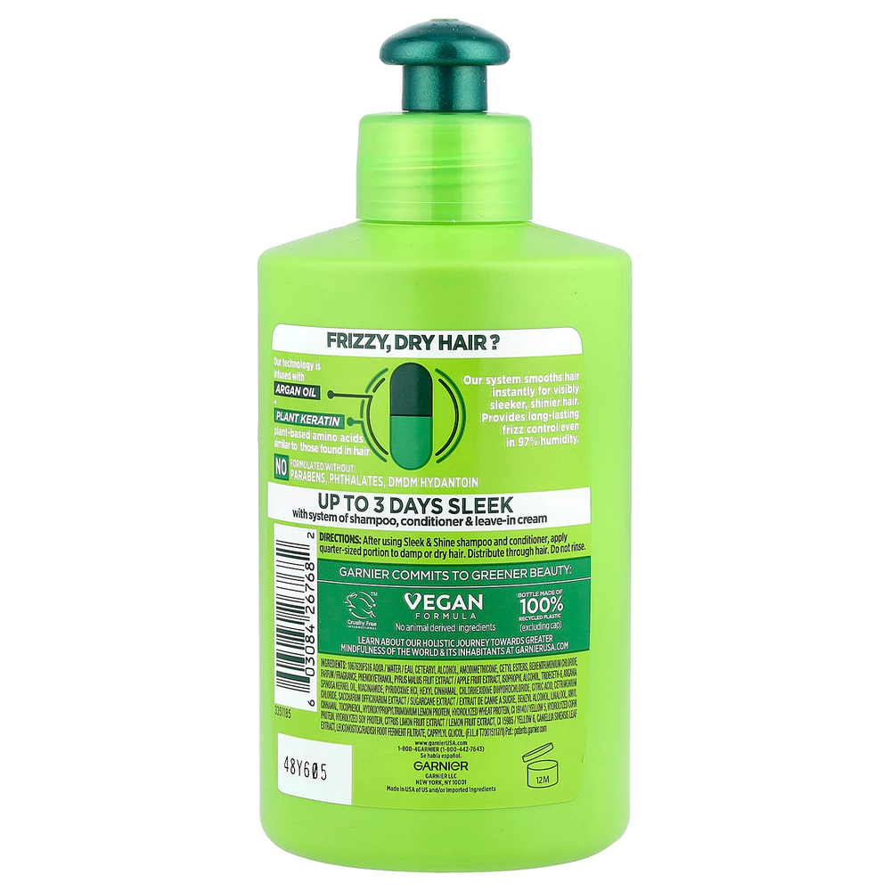 Garnier, Fructis, Sleek & Shine, несмываемый кондиционер для интенсивной разглаживания, вьющиеся, сухие, непослушные волосы, 300 мл (10,2 жидк. унц.)